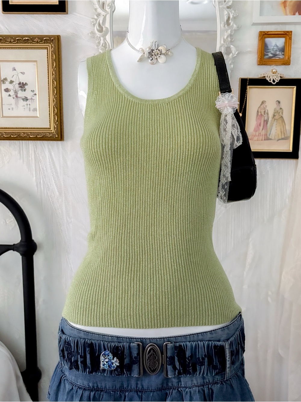 Y2K fairy shimmery sparkle ribbed knit green tank